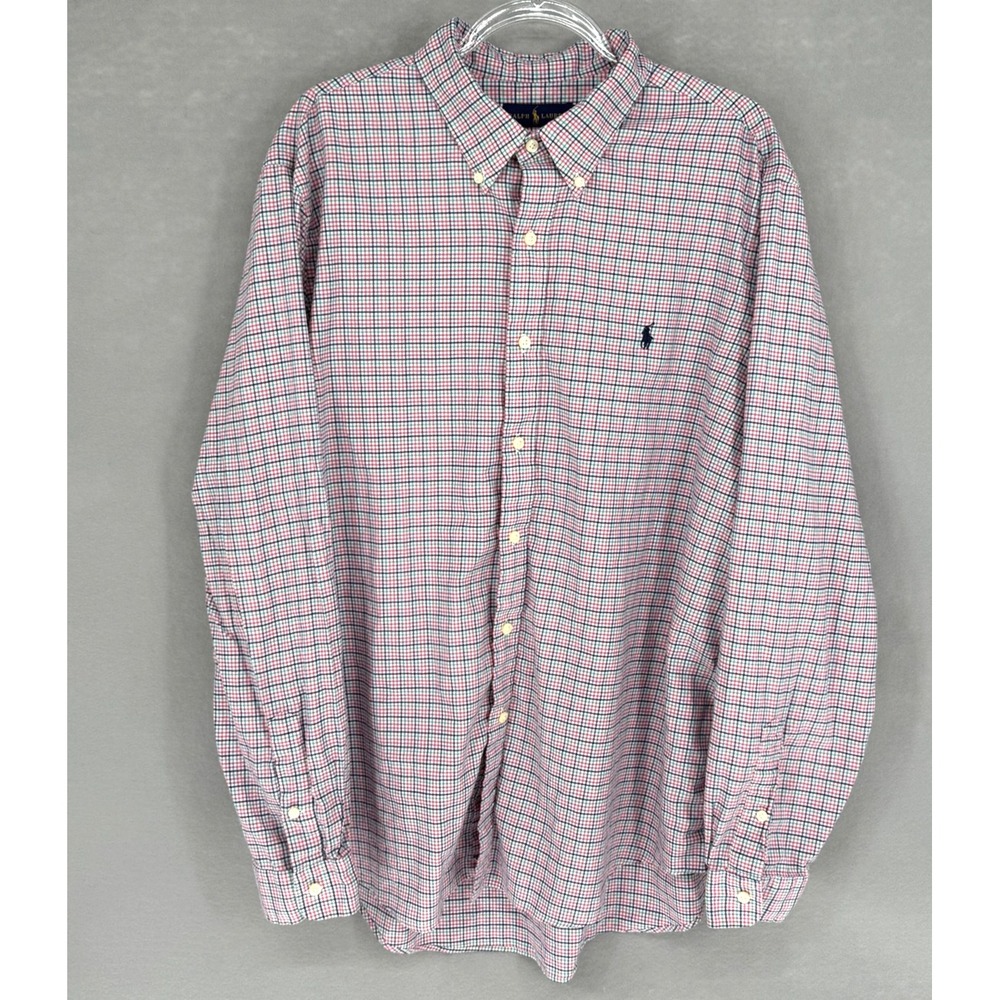 Ralph Lauren Shirt Mens 2XL Pink Blue Check Button Down‎ Long Sleeve Pony
